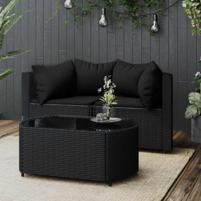 Set mobilier de grădină cu perne, 3 piese, negru, poliratan GartenMobel Dekor