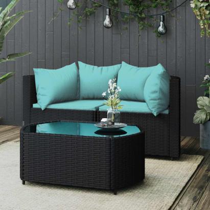 Set mobilier de grădină cu perne, 3 piese, negru, poliratan GartenMobel Dekor