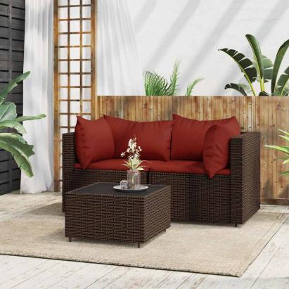 Set mobilier de grădină cu perne, 3 piese, maro, poliratan GartenMobel Dekor