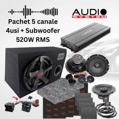 Pachet audio auto 5 canale MX EVO cu amplificator, subwoofer și cablaje plug&play