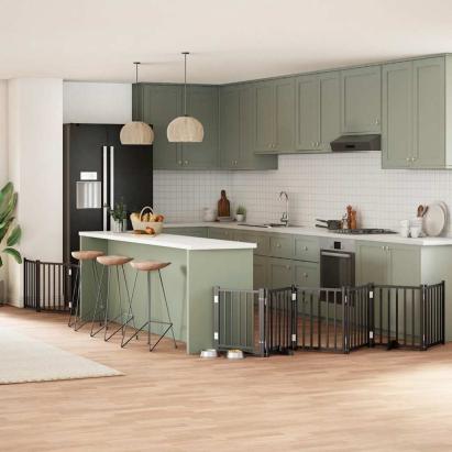 Poartă câini pliabilă cu ușă 9 panouri negru, 450 cm, lemn plop GartenMobel Dekor