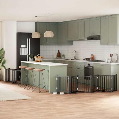 Poartă câini pliabilă cu ușă 12 panouri negru 600 cm, lemn plop GartenMobel Dekor