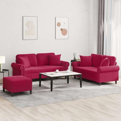 Set canapele cu perne, 3 piese, roșu vin, catifea GartenMobel Dekor