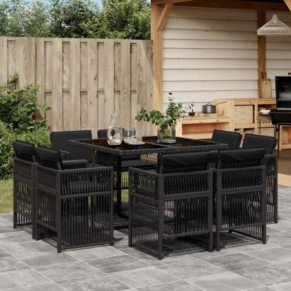 Set mobilier de grădină cu perne, 9 piese, negru, poliratan GartenMobel Dekor