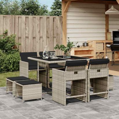 Set mobilier grădină cu perne, 9 piese, gri deschis, poliratan GartenMobel Dekor