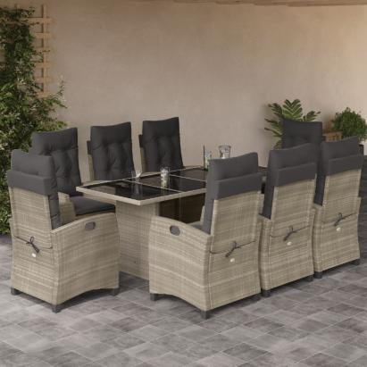Set mobilier grădină cu perne, 9 piese, gri deschis, poliratan GartenMobel Dekor