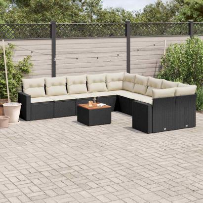 Set canapele de grădină cu perne, 11 piese, negru, poliratan GartenMobel Dekor
