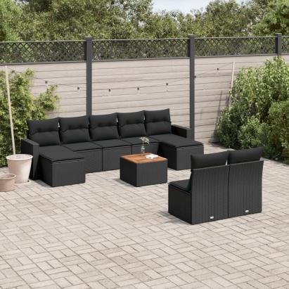 Set canapele de grădină cu perne, 10 piese, negru, poliratan GartenMobel Dekor