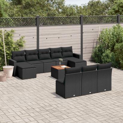 Set canapele de grădină cu perne, 11 piese, negru, poliratan GartenMobel Dekor