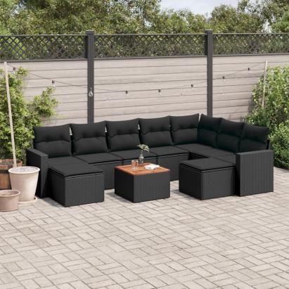 Set canapele de grădină cu perne, 10 piese, negru, poliratan GartenMobel Dekor