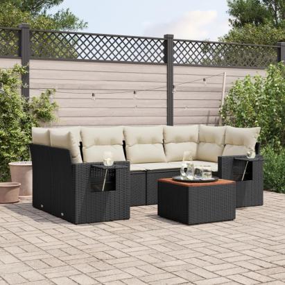 Set canapele de grădină cu perne, 7 piese, negru, poliratan GartenMobel Dekor