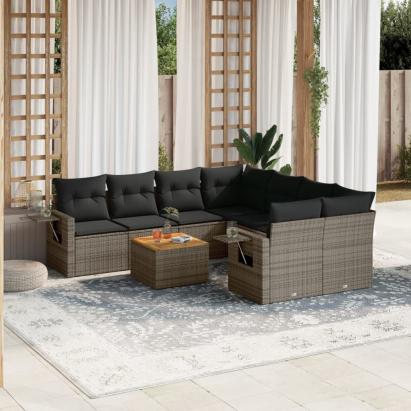 Set canapele de grădină, 9 piese, cu perne, gri, poliratan GartenMobel Dekor