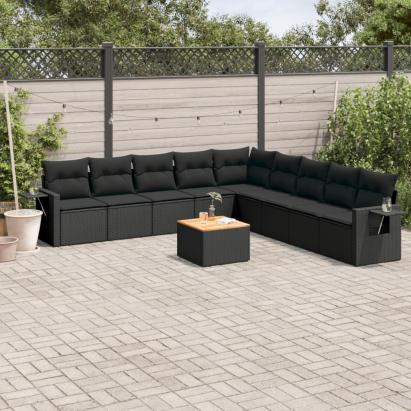 Set canapele de grădină cu perne, 10 piese, negru, poliratan GartenMobel Dekor