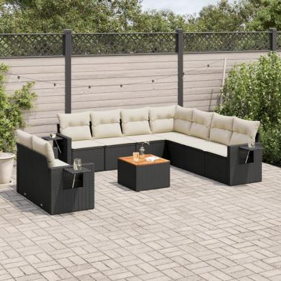 Set canapele de grădină cu perne, 10 piese, negru, poliratan GartenMobel Dekor