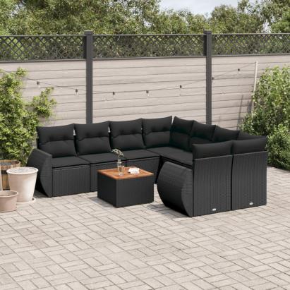 Set mobilier de grădină cu perne, 9 piese, negru, poliratan GartenMobel Dekor