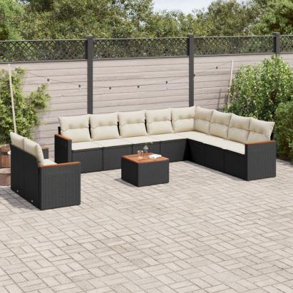 Set canapele de grădină cu perne, 11 piese, negru, poliratan GartenMobel Dekor