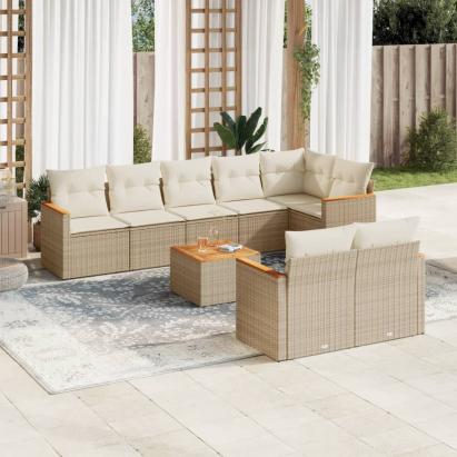 Set canapele de grădină, 9 piese, cu perne, bej, poliratan GartenMobel Dekor