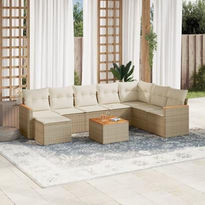 Set canapele de grădină, 9 piese, cu perne, bej, poliratan GartenMobel Dekor