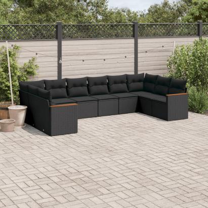 Set canapele de grădină cu perne, 10 piese, negru, poliratan GartenMobel Dekor