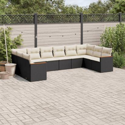 Set canapele de grădină cu perne, 10 piese, negru, poliratan GartenMobel Dekor