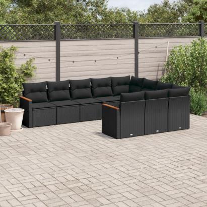 Set canapele de grădină cu perne, 10 piese, negru, poliratan GartenMobel Dekor