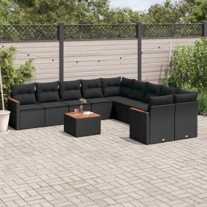 Set canapele de grădină cu perne, 11 piese, negru, poliratan GartenMobel Dekor
