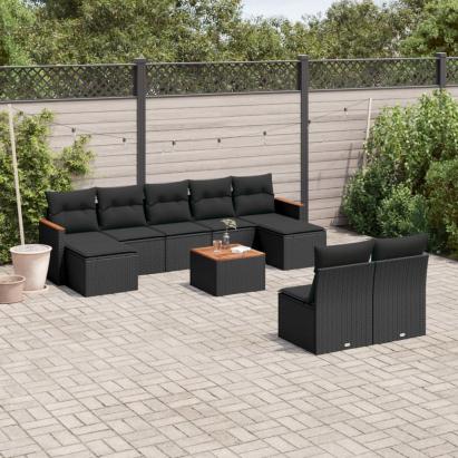 Set canapele de grădină cu perne, 10 piese, negru, poliratan GartenMobel Dekor
