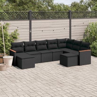 Set mobilier de grădină cu perne, 9 piese, negru, poliratan GartenMobel Dekor