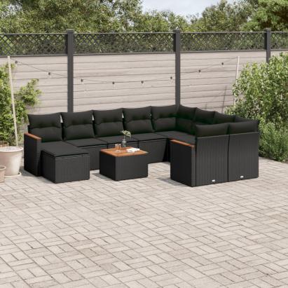 Set canapele de grădină cu perne, 11 piese, negru, poliratan GartenMobel Dekor