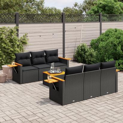 Set canapele de grădină cu perne, 7 piese, negru, poliratan GartenMobel Dekor