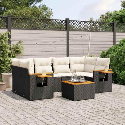 Set canapele de grădină cu perne, 7 piese, negru, poliratan GartenMobel Dekor