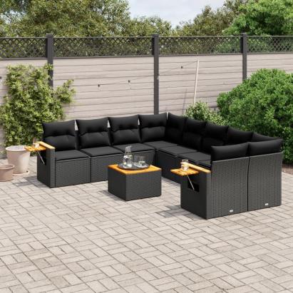Set mobilier de grădină cu perne, 9 piese, negru, poliratan GartenMobel Dekor