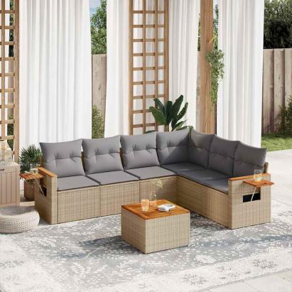 Set canapele de grădină, 7 piese, cu perne, bej, poliratan GartenMobel Dekor