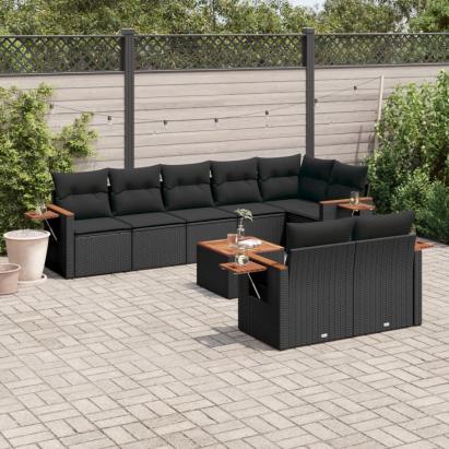 Set mobilier de grădină cu perne, 9 piese, negru, poliratan GartenMobel Dekor