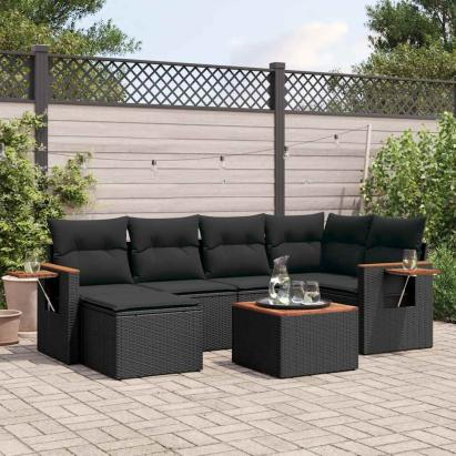 Set canapele de grădină cu perne, 7 piese, negru, poliratan GartenMobel Dekor