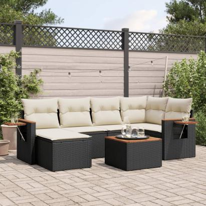 Set canapele de grădină cu perne, 7 piese, negru, poliratan GartenMobel Dekor