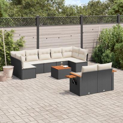 Set canapele de grădină cu perne, 10 piese, negru, poliratan GartenMobel Dekor