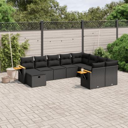 Set canapele de grădină cu perne, 10 piese, negru, poliratan GartenMobel Dekor