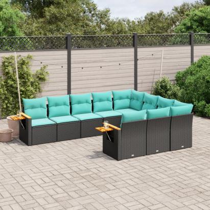Set canapele de grădină cu perne, 10 piese, negru, poliratan GartenMobel Dekor