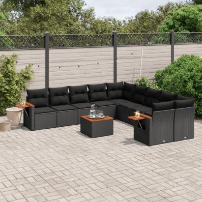 Set canapele de grădină cu perne, 11 piese, negru, poliratan GartenMobel Dekor