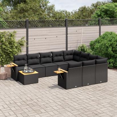 Set canapele de grădină cu perne, 11 piese, negru, poliratan GartenMobel Dekor