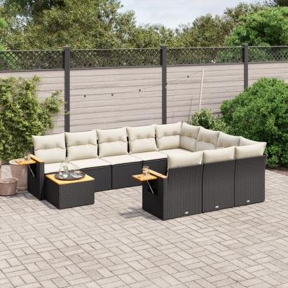 Set canapele de grădină cu perne, 11 piese, negru, poliratan GartenMobel Dekor