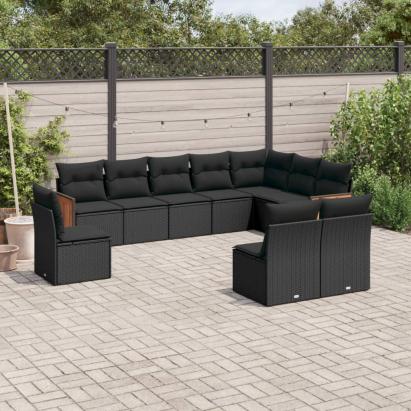 Set canapele de grădină cu perne, 10 piese, negru, poliratan GartenMobel Dekor