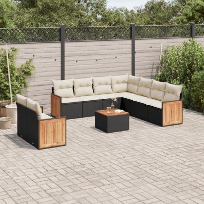 Set canapele de grădină cu perne, 10 piese, negru, poliratan GartenMobel Dekor