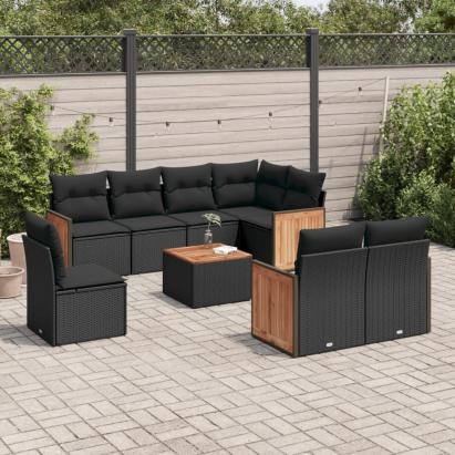 Set mobilier de grădină cu perne, 9 piese, negru, poliratan GartenMobel Dekor