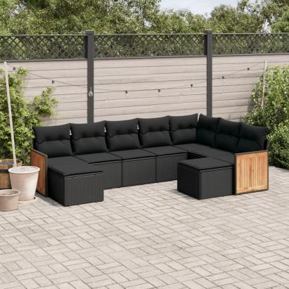 Set mobilier de grădină cu perne, 9 piese, negru, poliratan GartenMobel Dekor