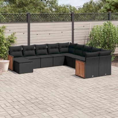 Set canapele de grădină cu perne, 11 piese, negru, poliratan GartenMobel Dekor