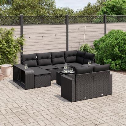 Set canapele de grădină cu perne, 11 piese, negru, poliratan GartenMobel Dekor