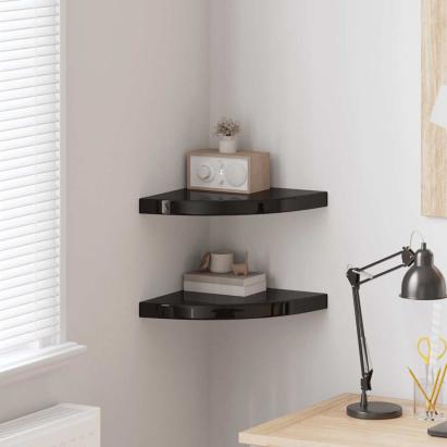 Rafturi colț perete, 2 buc., negru extralucios 35x35x3,8 cm MDF GartenMobel Dekor