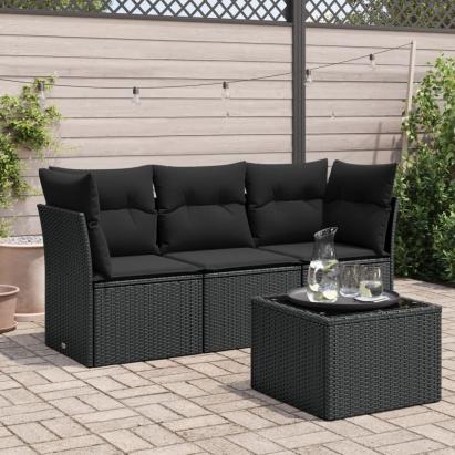 Set mobilier de grădină cu perne, 4 piese, negru, poliratan GartenMobel Dekor